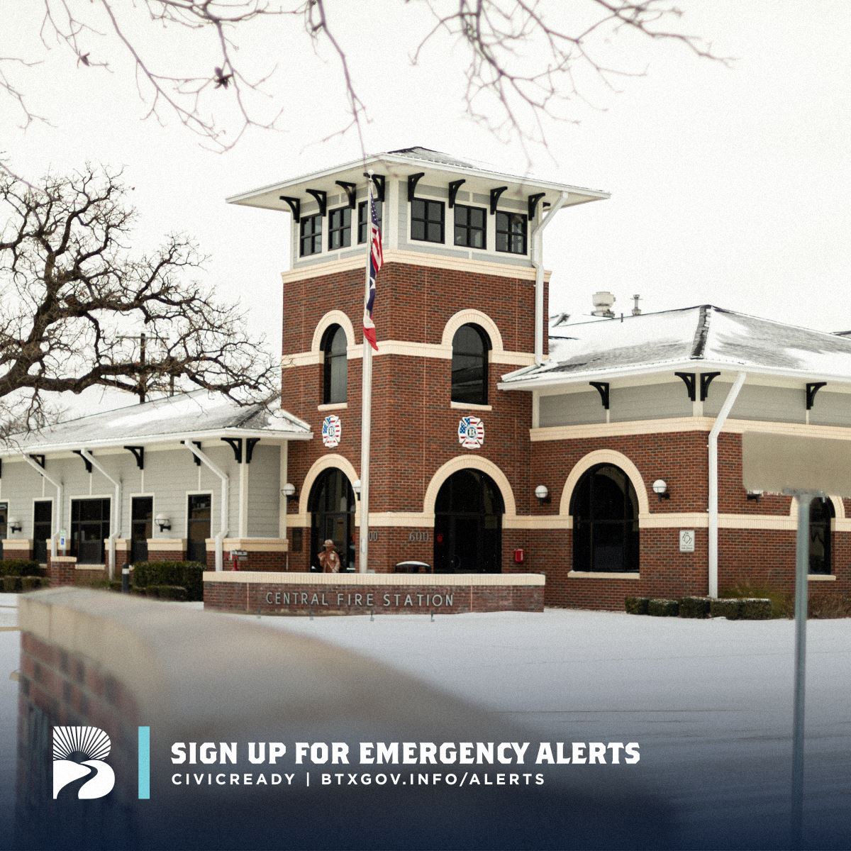 Photo of the Central Fire Station covered in snow and ice circa January 2022