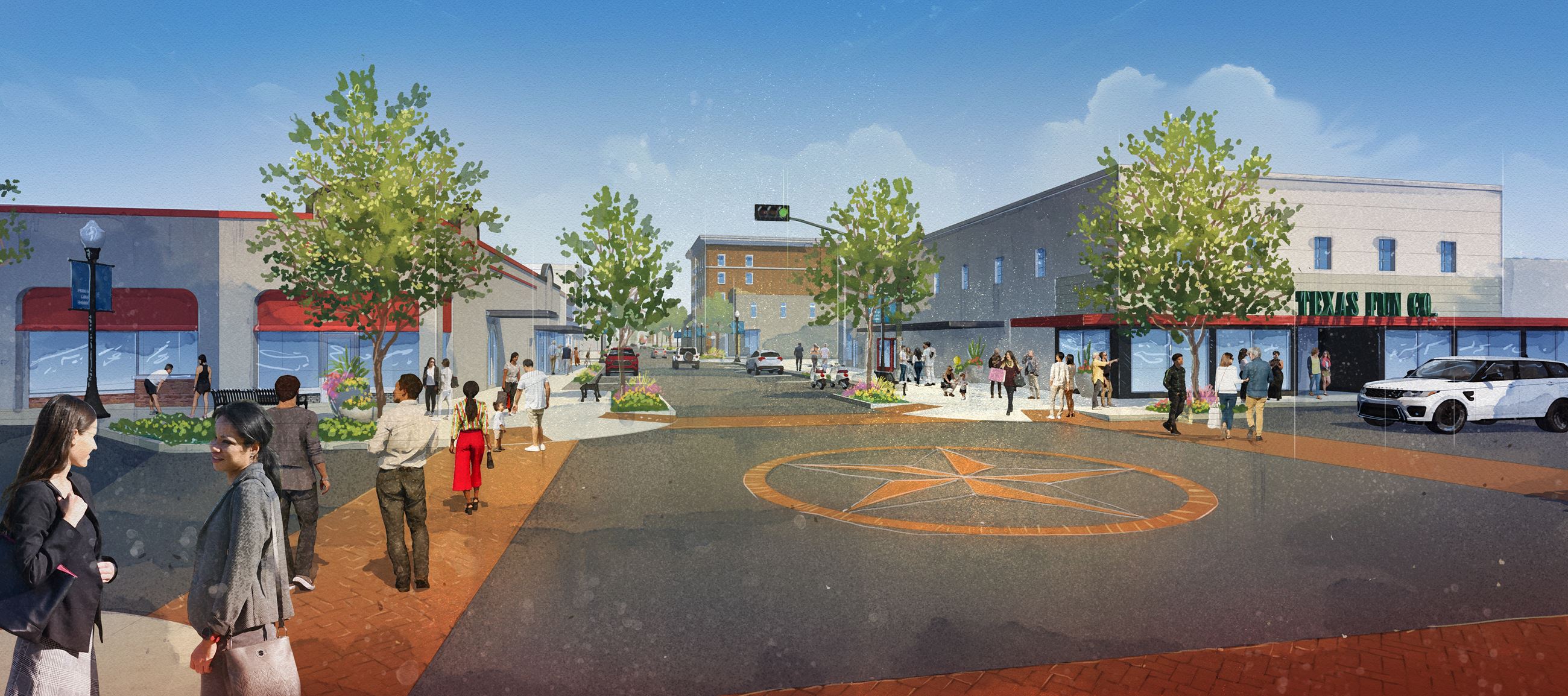 Downtown Plan Render of new streetscaping on fisk ave. and baker st.
