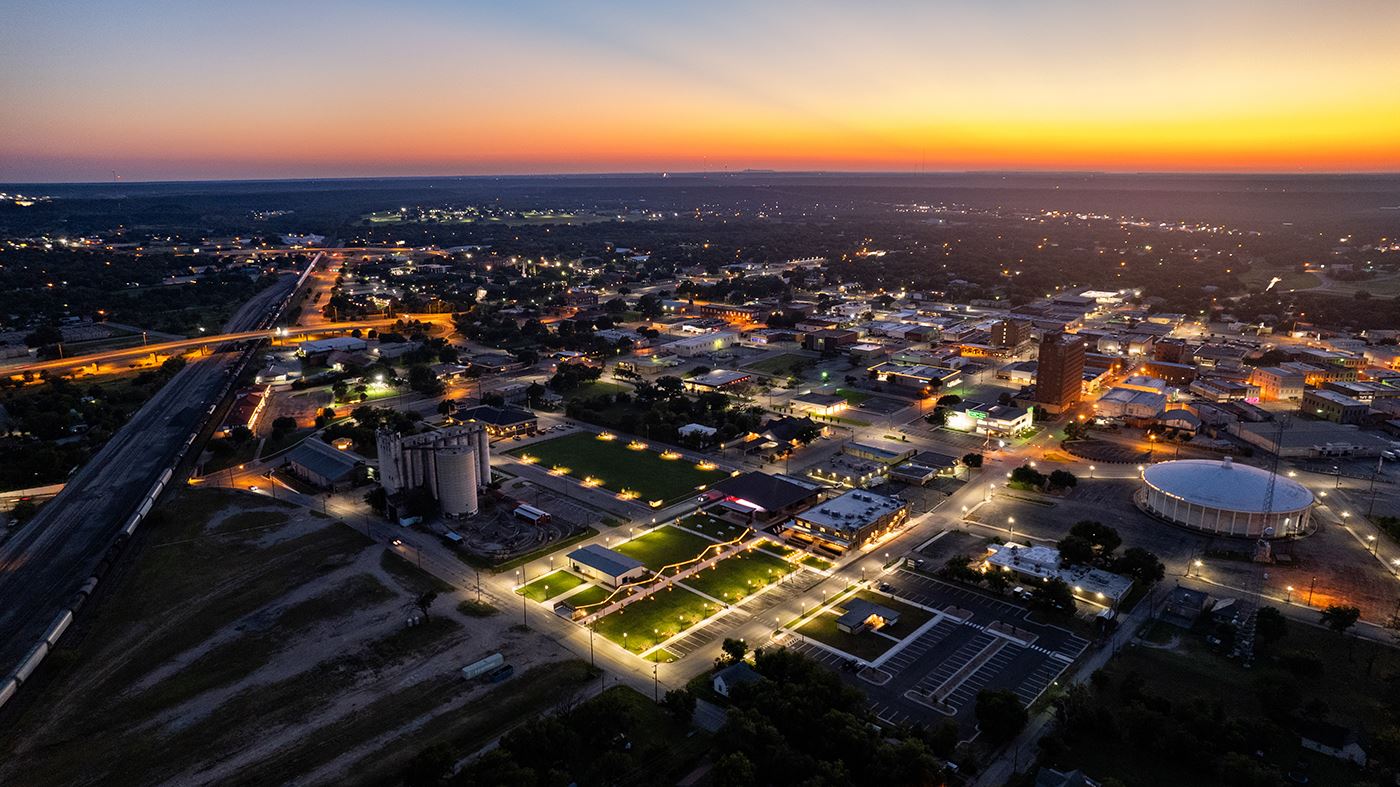 Twilight aerial photo of Downtown Brownwood from the Event Center