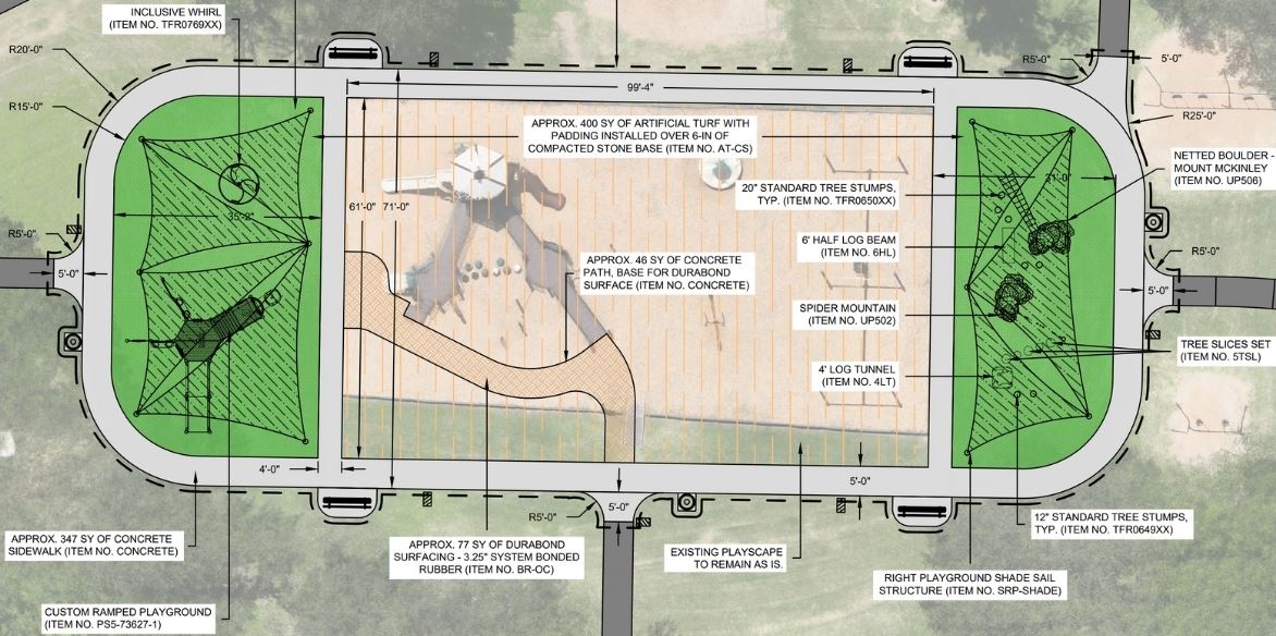 Playscape Expansion Render showing additions to current playscape with new playground and shades